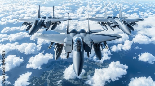 Three F-15 Eagle Fighter Jets Flying in Formation Over Clouds and Ocean.