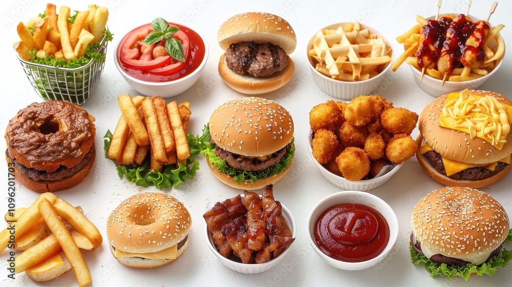 Variety of Burgers, Fries, and Sides on White Background Variety of Burgers, Fries, and Sides on White Background