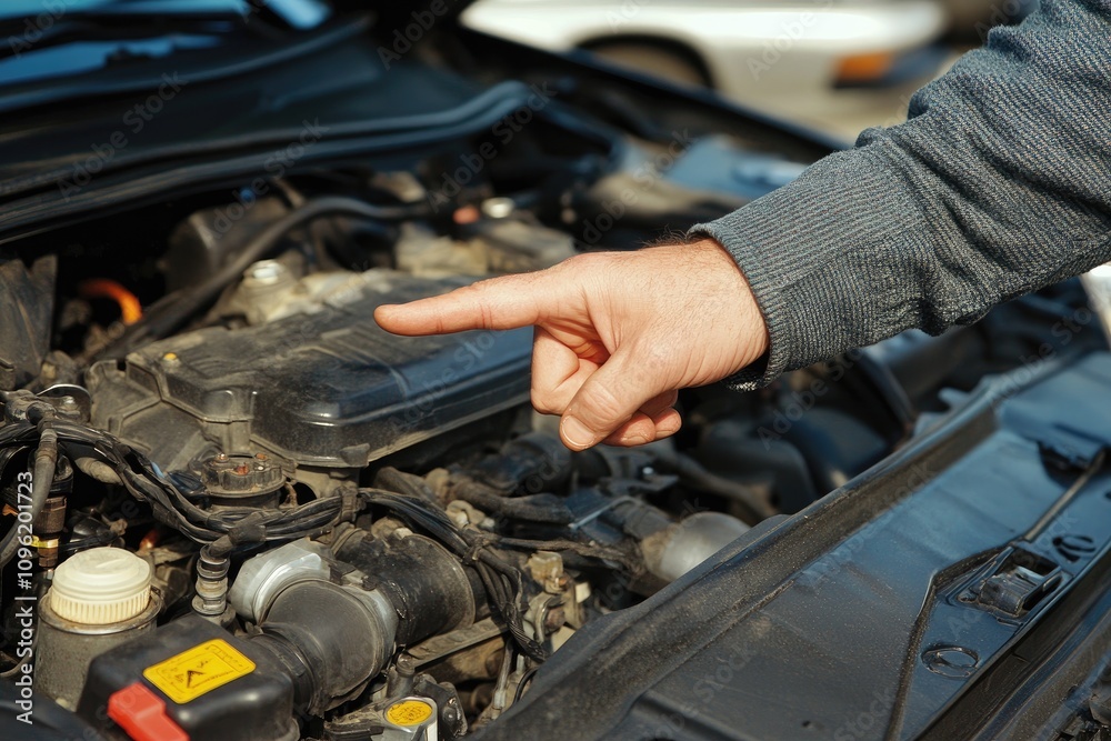 Mechanic pointing at engine part under car hood Mechanic pointing at engine part under car hood