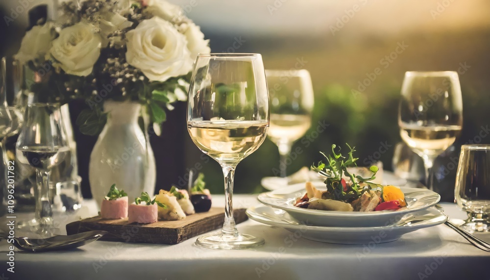 Sophisticated dining table setup with wine glass and gourmet appetizers on a bar table, bathed in soft ambient light for an elegant and select restaurant atmosphere experience.
