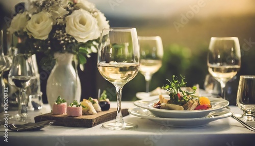 Sophisticated dining table setup with wine glass and gourmet appetizers on a bar table, bathed in soft ambient light for an elegant and select restaurant atmosphere experience.