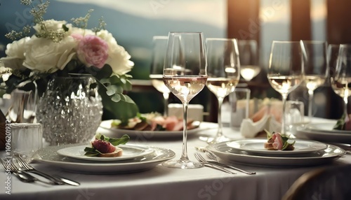 Elegant and luxurious wedding table decor featuring sophisticated wine glasses, exquisite appetizers on the bar, and refined settings for a truly select and memorable dining experience.