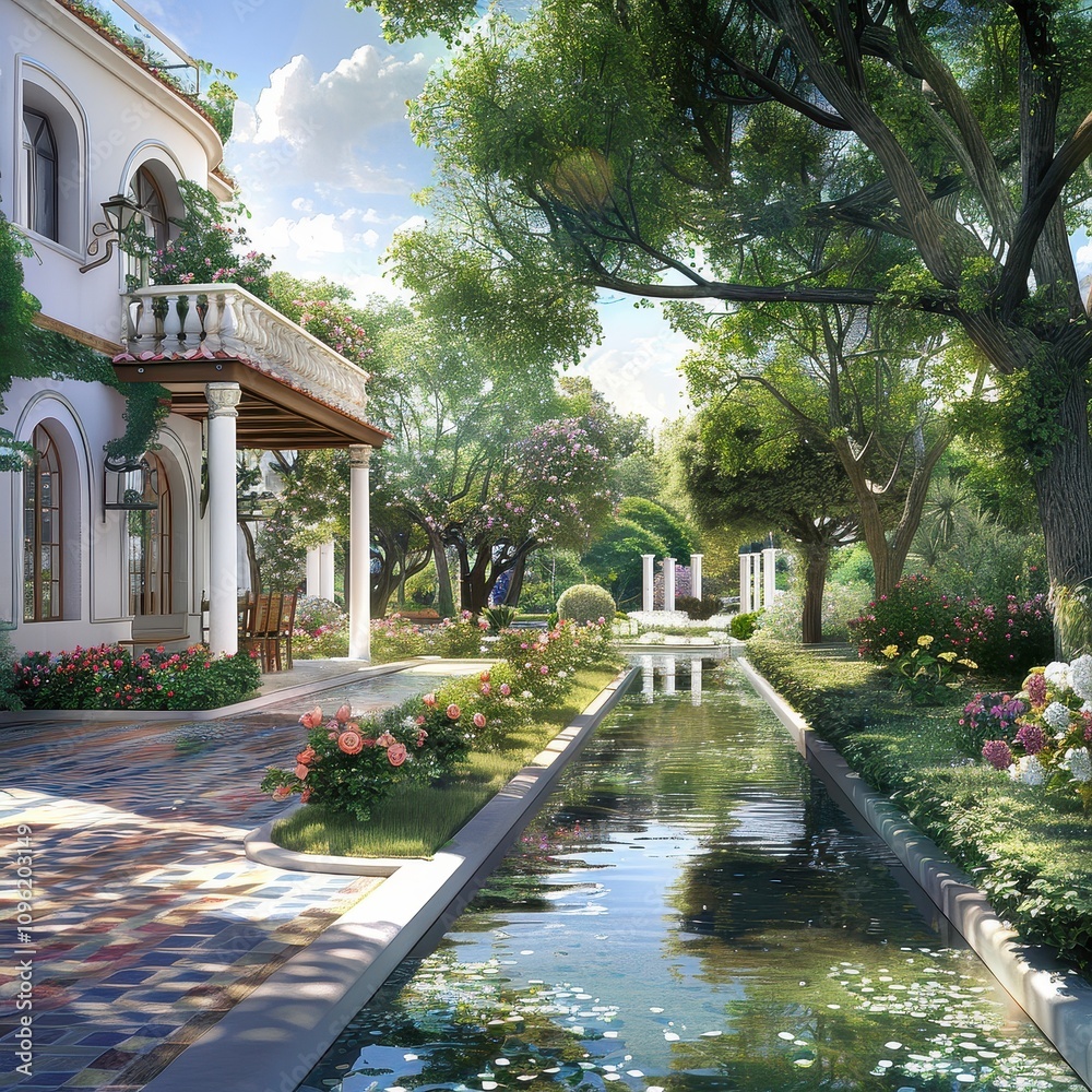 Obraz premium Serene Mediterranean Villa Garden with Reflecting Pool.