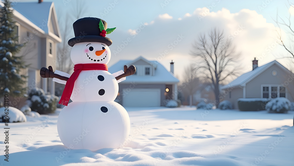 Obraz premium Realistic Snowman with Flexible Arms in a Snow-Capped Yard