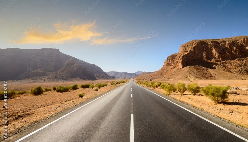 Naklejka premium Lonely Stretch of Empty Asphalt Road Surrounded by Rugged Desert Terrain Capturing Adventure and Tranquility on a Bright, Sunny Day in – Perfect for Travel Enthusiasts and Road Trips