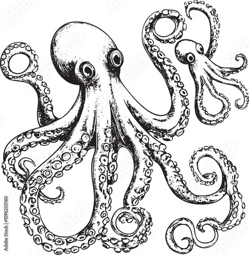 Octopus tentacle set sketch engraving vector illustration. Scratch board style imitation. Black and white hand drawn image.