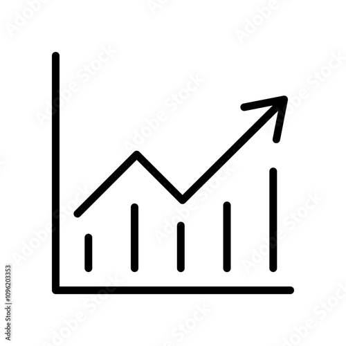 Single black arrow growing up on chart graph bars line icon, success graph trending upwards flat design interface infographic element for app ui ux web button, vector isolated on white background