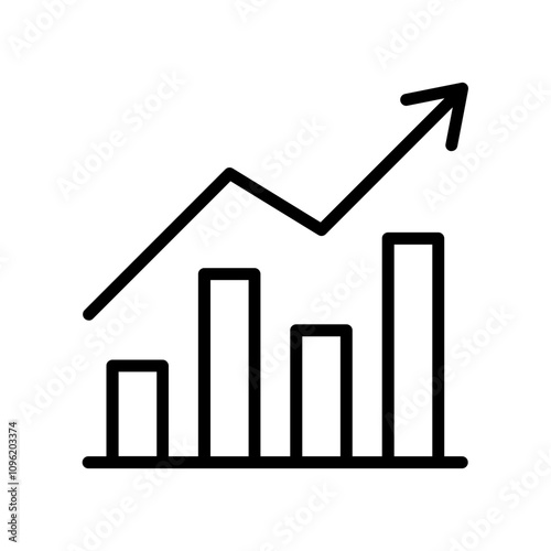 Black single arrow growing up chart graph bars line icon, success graph trending upwards flat design interface infographic element for app ui ux web button, vector isolated on white background