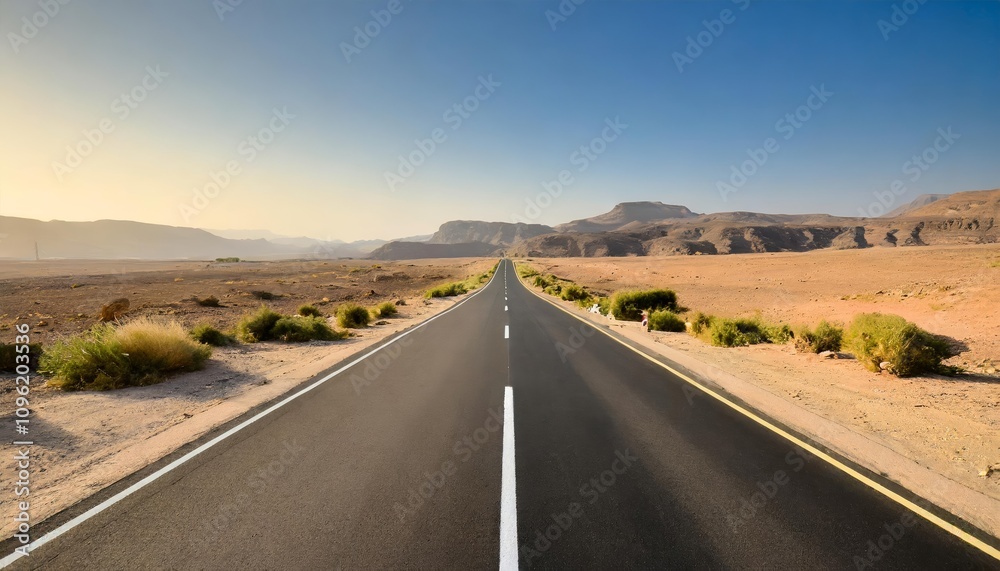 Vast empty asphalt road stretching through a rugged desert landscape, capturing the essence of adventure and freedom under a wide, open sky in a stunning desert environment. Vast empty asphalt road stretching through a rugged desert landscape, capturing the essence of adventure and freedom under a wide, open sky in a stunning desert environment.