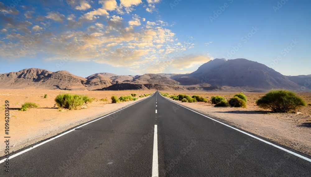 Naklejka premium A scenic empty asphalt road stretching into the distance, surrounded by a breathtaking desert landscape under a vibrant sky, perfect for adventure travel and exploration enthusiasts.