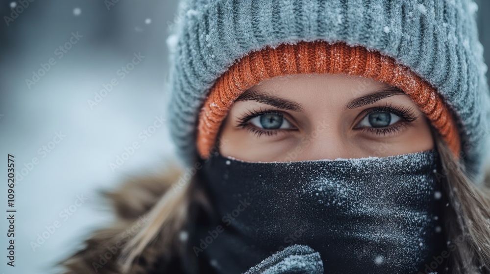 Close-Up Portrait of a Young Woman with Bright Blue Eyes Wearing a Winter Hat and Scarf in a Snowy Landscape During a Cold Day Close-Up Portrait of a Young Woman with Bright Blue Eyes Wearing a Winter Hat and Scarf in a Snowy Landscape During a Cold Day