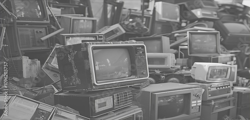 A cluttered collection of old televisions stacked together, showcasing outdated technology and electronic waste. photo