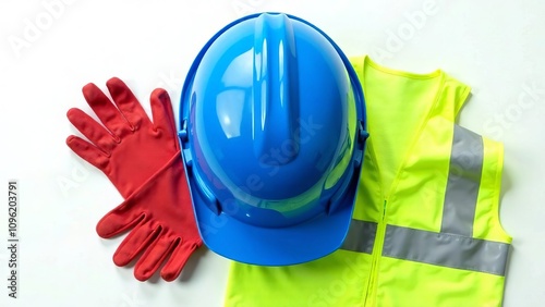 Personal protective equipment. Helmet, gloves and high visibility vest on white background, top view