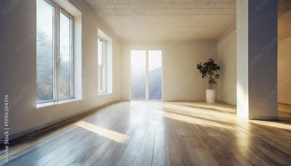 Bright and spacious empty light room interior with large windows, clean white walls, and sleek wooden flooring, offering a modern, minimalistic design ideal for creative projects or Bright and spacious empty light room interior with large windows, clean white walls, and sleek wooden flooring, offering a modern, minimalistic design ideal for creative projects or