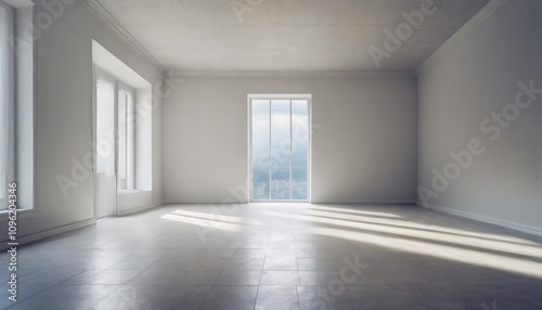 Minimalist empty light room interior featuring clean white walls, large windows allowing abundant natural light, and a sleek, modern design for versatile use in home, office, or gallery