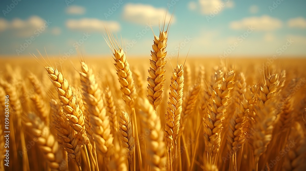 Fototapeta premium Close up of a golden wheat field under a blue sky