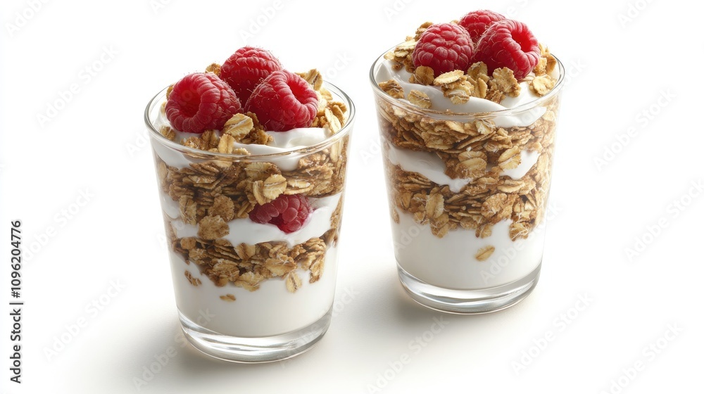 Two clear glasses showcasing layers of Greek yogurt, granola, and fresh raspberries, garnished with oatmeal flakes and nuts, on a clean white background. Two clear glasses showcasing layers of Greek yogurt, granola, and fresh raspberries, garnished with oatmeal flakes and nuts, on a clean white background.