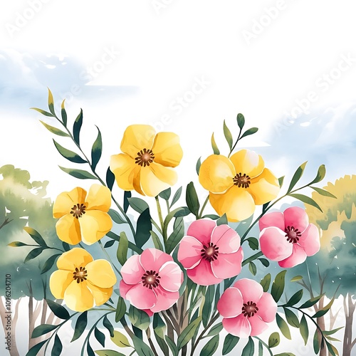 A vibrant watercolor illustration of various flowers and plants, including yellow, pink, and green tones, arranged in a natural, artistic composition.