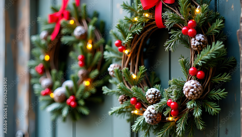 Rustic Charm: Woven Wreaths on Weathered Wooden Door Rustic Charm: Woven Wreaths on Weathered Wooden Door