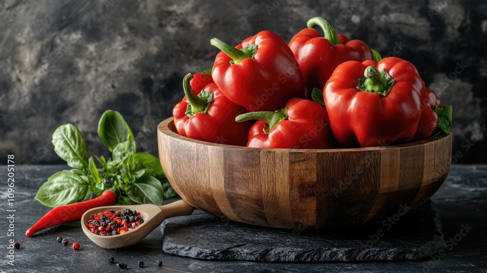 Vibrant red bell peppers stacked in a wooden bowl on a dark stone surface, accompanied by chili seeds in a scoop and fresh green leaves. Vibrant red bell peppers stacked in a wooden bowl on a dark stone surface, accompanied by chili seeds in a scoop and fresh green leaves.