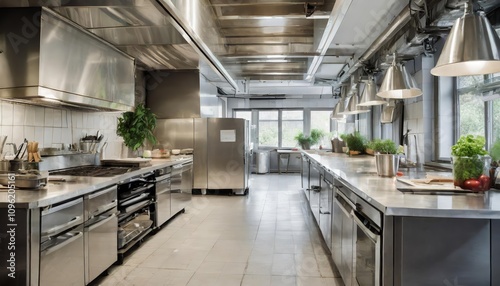 Modern empty restaurant kitchen equipped with high-grade stainless steel appliances, spacious countertops, and advanced professional tools, showcasing a clean, organized, and efficient photo