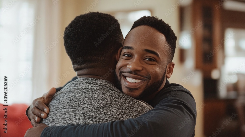 Two men embracing in a warm hug, one with a bright smile visible, showcasing friendship, love, and support in a cozy indoor setting. Two men embracing in a warm hug, one with a bright smile visible, showcasing friendship, love, and support in a cozy indoor setting.