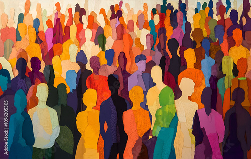 Large crowd of diverse people in paper cut-out style. Layered abstract art, figures in various vibrant colors with distinct silhouettes. Inclusive, textured, playful, dynamic background
