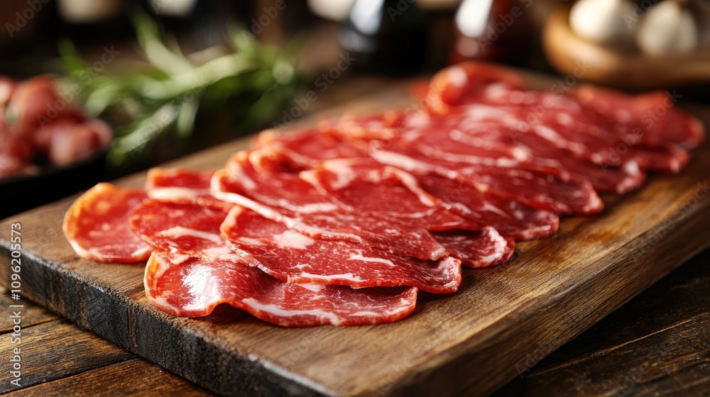 Sliced cured meat arranged neatly on a rustic wooden cutting board, showcasing rich marbling and vibrant colors, perfect for charcuterie displays. Sliced cured meat arranged neatly on a rustic wooden cutting board, showcasing rich marbling and vibrant colors, perfect for charcuterie displays.