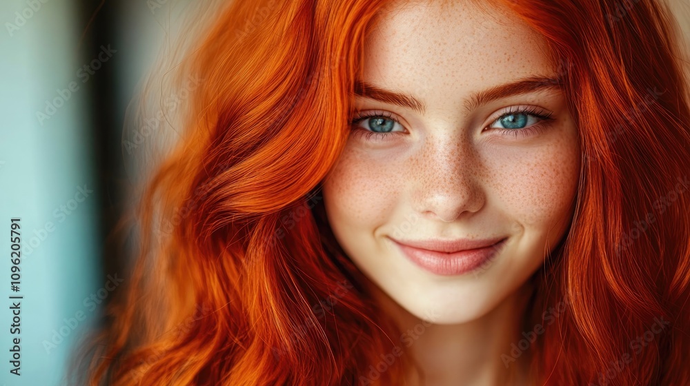 Smiling young girl with vibrant red hair and striking blue eyes, showcasing freckles and a warm expression while looking directly at the camera.