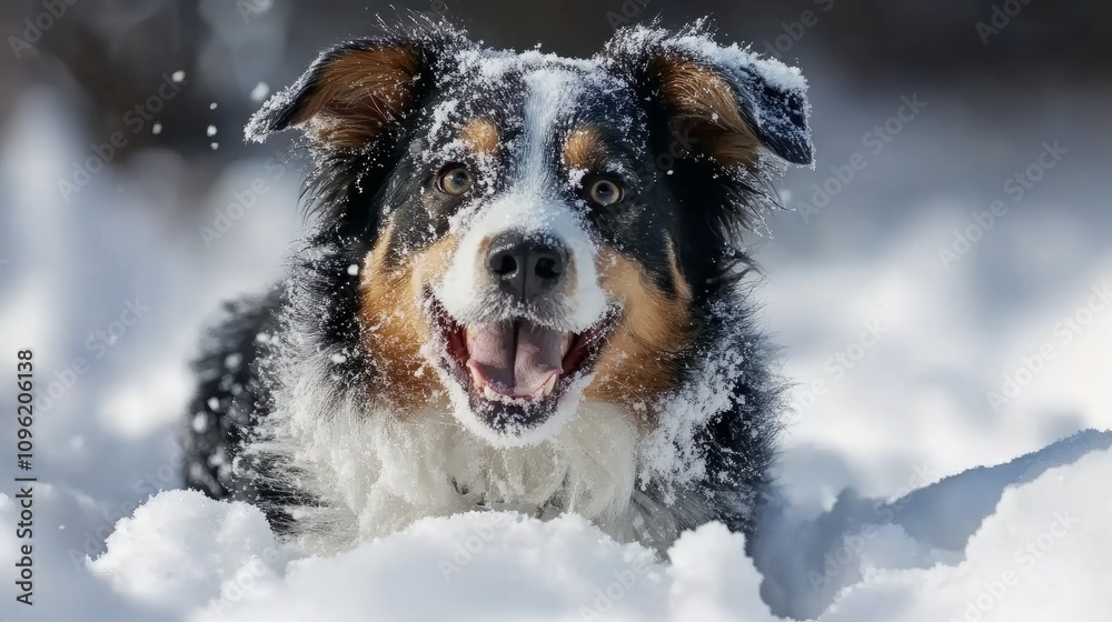 A dog is playing in the snow, with its tongue out and a smile on its face A dog is playing in the snow, with its tongue out and a smile on its face
