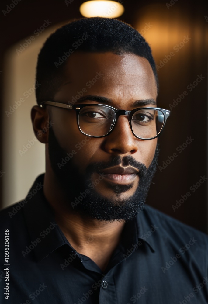 Portrait of a thoughtful man, wearing glasses, short hair and beard, black shirt, warm ambient lighting, blurred background, professional setting, focused expression.

