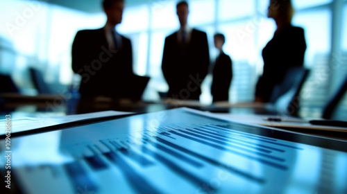 Business Meeting with Professionals Engaged in Discussion, Focused on Financial Reports and Analytics, in a Modern Office Setting with City View