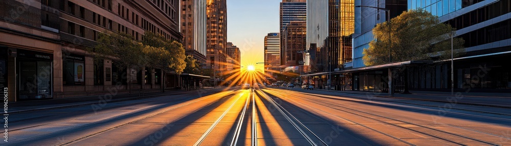Fototapeta premium A sunset view along a city street with dramatic light rays and urban architecture.