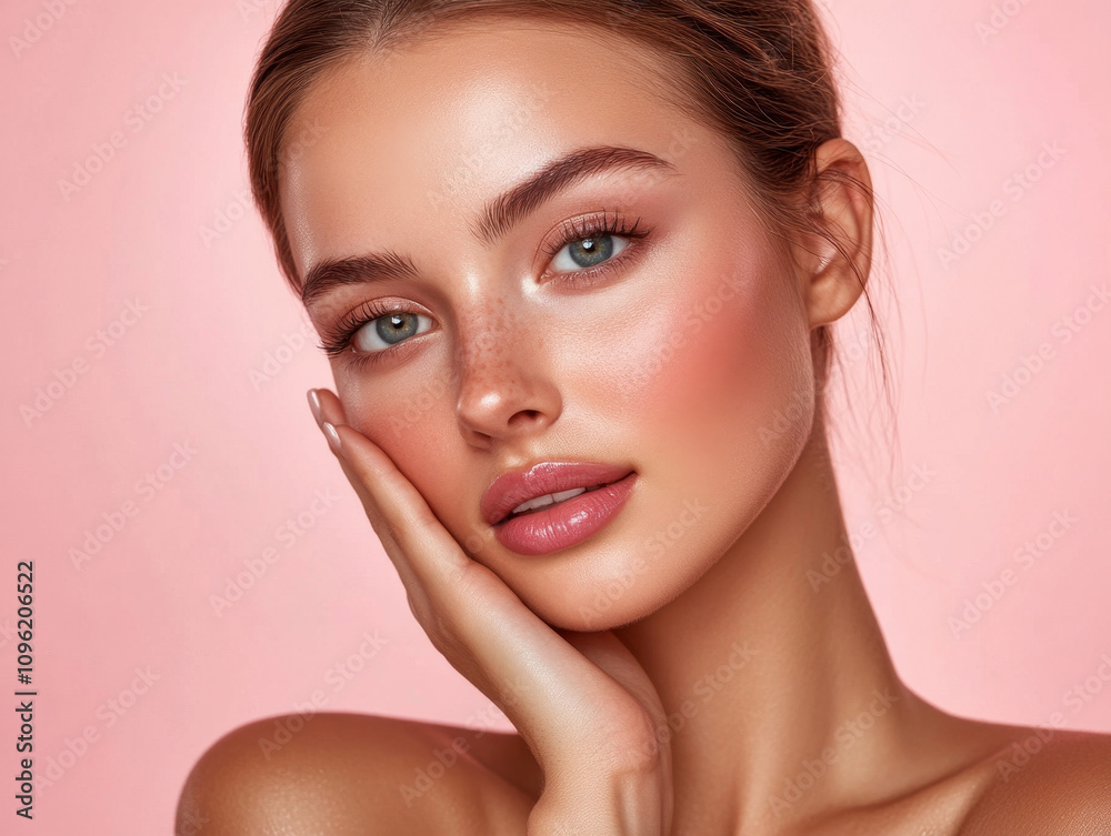 Radiating joy with a radiant smile against a soft pink background during a beauty shoot Radiating joy with a radiant smile against a soft pink background during a beauty shoot