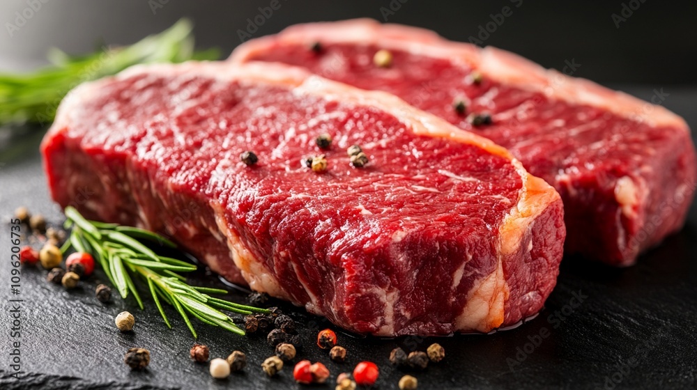 Raw beef sirloin steaks seasoned with peppercorns and fresh rosemary on dark slate background, showcasing premium quality meat for gourmet cooking. Raw beef sirloin steaks seasoned with peppercorns and fresh rosemary on dark slate background, showcasing premium quality meat for gourmet cooking.