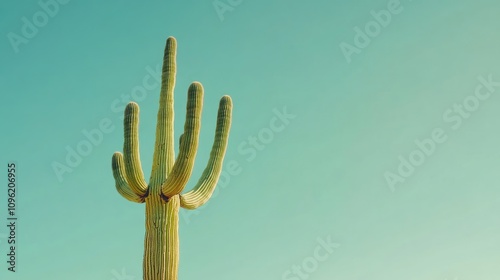 Majestic tall saguaro cactus with three prominent arms, silhouetted against a vibrant clear blue sky, perfect for desert flora and nature themes. photo