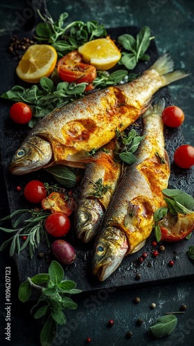 Grilled whole fish served on dark slate with vibrant cherry tomatoes, lemon slices, and fresh herbs. A rustic Mediterranean feast for seafood lovers. photo