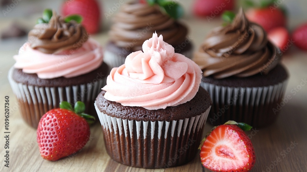 Delectable chocolate cupcakes adorned with swirls of pink and brown frosting, accompanied by fresh strawberries on a rustic wooden surface, perfect for a sweet treat.