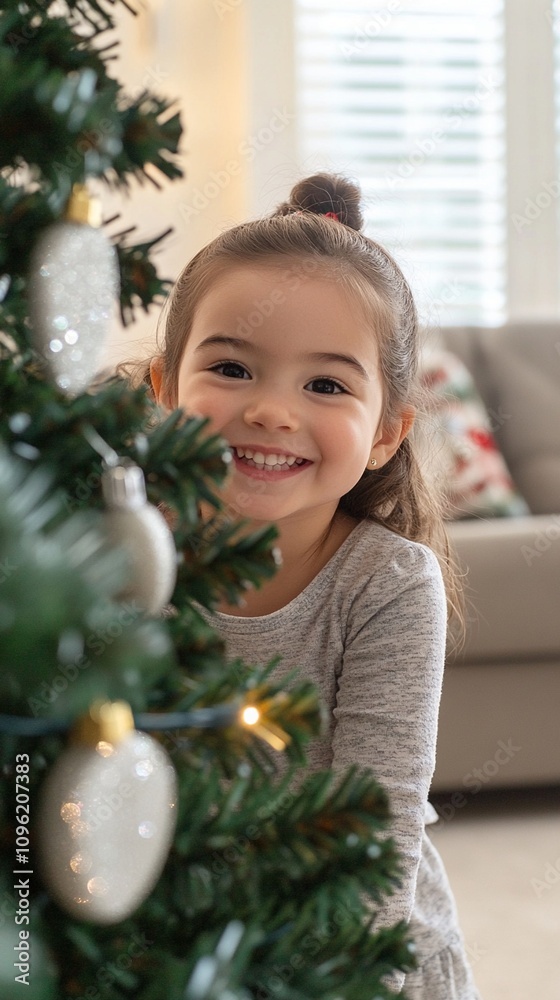 Joyful young child peeks out from behind a decorated Christmas tree, beaming with excitement. The festive scene captures the magic and wonder of the holiday season. Joyful young child peeks out from behind a decorated Christmas tree, beaming with excitement. The festive scene captures the magic and wonder of the holiday season.