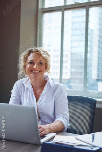 Thinking, smile and business woman with laptop in office for profit, investment email and research online. Planning, professional or female person on computer, future vision or financial advisor work