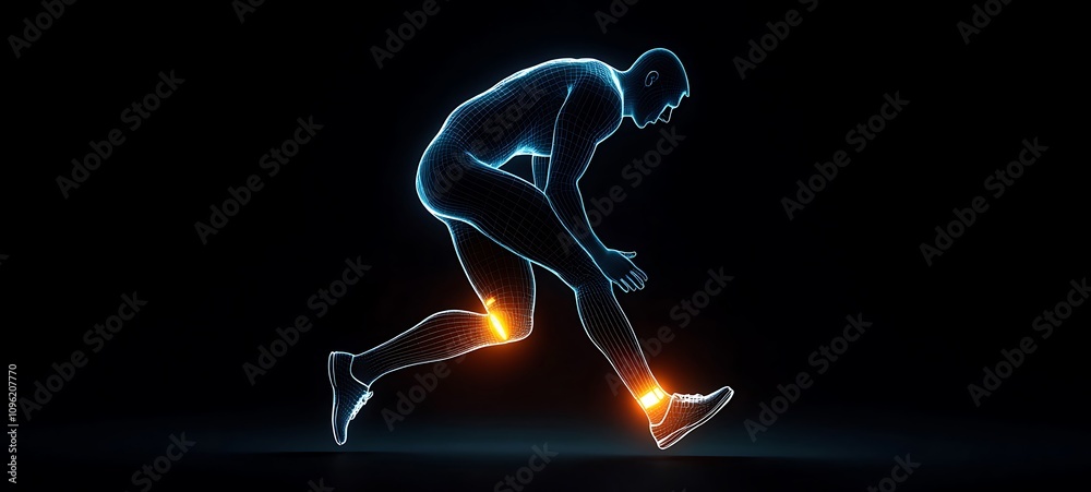 2D Illustration of a running man with painful knee joint highlighted, kneecap, 3D rendering. Problem of joint diseases 2D Illustration of a running man with painful knee joint highlighted, kneecap, 3D rendering. Problem of joint diseases
