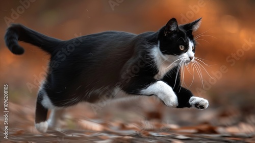 Playful Tuxedo Cat Chasing Its Tail in a Sunlit Room