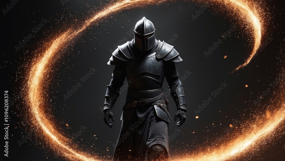 Warrior in dark armor with fierce expression amid flying embers. Warrior in dark armor with fierce expression amid flying embers.