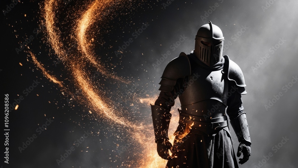 Warrior in dark armor with fierce expression amid flying embers. Warrior in dark armor with fierce expression amid flying embers.