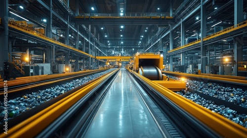 A wide shot of an industrial factory with a conveyor belt in the center running through the middle of the factory, showcasing the production line.