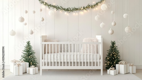 Baby s crib with gentle Christmas fairy lights and plush ornaments, 3D illustration photo