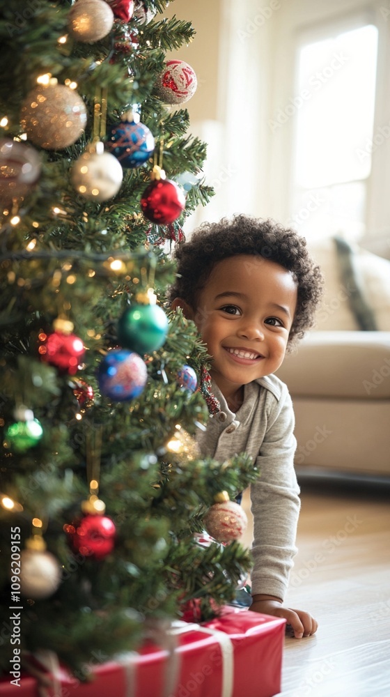 Joyful child peeks from behind a festively decorated Christmas tree, eyes sparkling with excitement as colorful ornaments and twinkling lights create a magical holiday scene.