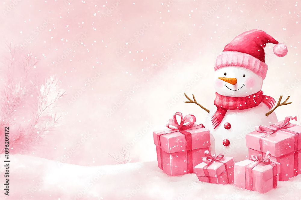 Winter wonderland with a cheerful snowman surrounded by pink Christmas gifts Winter wonderland with a cheerful snowman surrounded by pink Christmas gifts