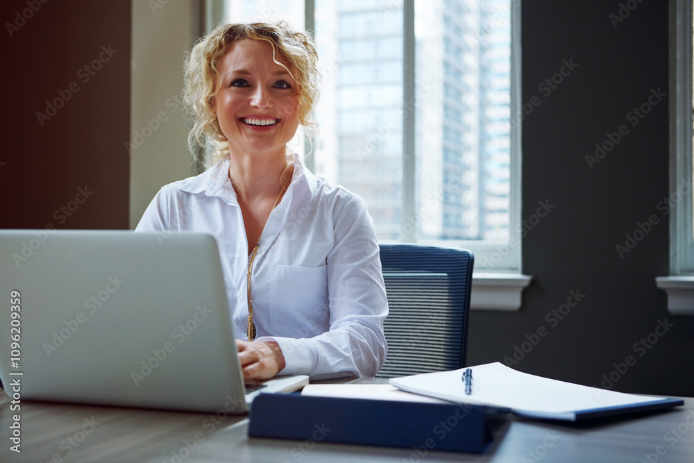 Portrait, happy and business woman with laptop in office for profit, budget email and research online in enterprise. Face, professional and female person on computer or financial advisor work in USA Portrait, happy and business woman with laptop in office for profit, budget email and research online in enterprise. Face, professional and female person on computer or financial advisor work in USA