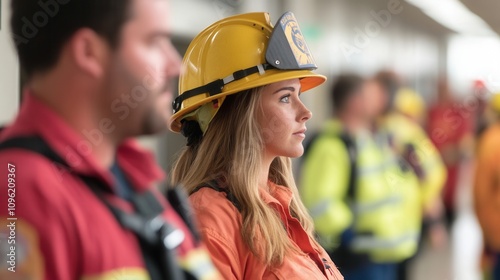 A group of emergency responders in uniforms, including a woman in a yellow helmet, standing in a serious and attentive demeanor. photo